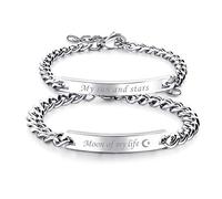 Cupimatch 2pcs His and Hers Couple Bracelets Set, Adjustable Titanium Stainless Steel My Sun and Stars Moon of My Life Love Matching Bracelet Link Jewelry Set,Silver …
