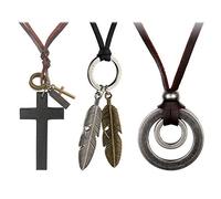 Cupimatch 3pcs Double Ring Angel Feather Alloy Pendant Leather Necklace, Adjustable Wood Cross Crucifix Vintage Cord Necklace Chain for Men Brown Black for Fathers Day