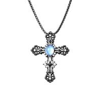 Cupimatch Cross Moonstone Pendant Necklace Hollow Carved Adjustable Silver | Hollow carved cross pendant with a moonstone center on an adjustable silver tone necklace for a delicate, elegant daily look.