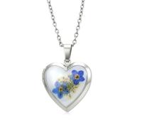 Cupimatch Heart Photo Locket Necklace with Flower, Memorial Keepsake Gift | Stainless steel heart locket that opens to hold a photo, with a preserved forget me not flower inside, a gentle keepsake