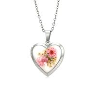 Cupimatch Heart Photo Locket Necklace with Flower, Memorial Keepsake Gift | Stainless steel heart locket that opens to hold a photo, with a preserved forget me not flower inside, a gentle keepsake