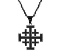 Cupimatch Men Jerusalem Cross Necklace: Black Stainless Steel Crusader Cross Pendant, Catholic Religious Jewelry Gift for Baptism