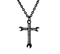 Cupimatch Men's Wrench Cross Pendant Necklace Titanium Steel Bible Verse Philippians 4:13 I CAN DO ALL THINGS Plumber Tool Cross with 22" Chain Black Gold Silver for Fathers Day