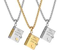 Cupimatch My Little Star Book Chain, Stainless Steel Hinged Book Pendant Necklace with 6 Love Messages Engraved, Stainless Steel