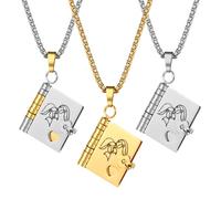Cupimatch My Little Star Book Chain, Stainless Steel Hinged Book Pendant Necklace with 6 Love Messages Engraved, Stainless Steel