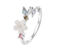 Cupimatch Silver Flower Cherry Blossom Ring: Women Pink Blue Green Crystal Gemstone Adjustable Open Ring 0.31" Floral Promise Ring for Mother's Day