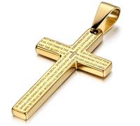 Cupimatch Silver Tone Stainless Steel Men Women Religious Lord's Prayer Cross Pendant Necklace with 22 Inch Chain (Gold)