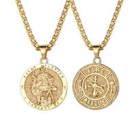 Cupimatch St Florian Fireman Necklace Gold: Stainless Steel Archangel Michael Pendant with Saint Benedict & Christopher Religious Protector Chain Elegant Jewellery Gifts for Men and Women