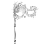 Cupimatch Venetian Masquerade Mask Women: Elegant Venice Glitter Mask with Stem, Hand-Held Half Mask, Fancy Dress Mask with Rhinestones, Vintage Ball Mask, Gift for Halloween, Carnival, Silver