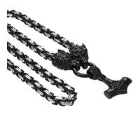 Cupimatch Viking Norse Thor Hammer Necklace Stainless Steel Pendant Necklace Amulets for Men Viking Gifts 26in Chain with Wolf Head and Hammer Vintage for Fathers Day