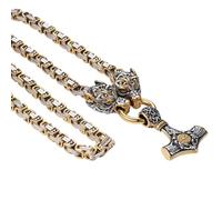 Cupimatch Viking Norse Thor Hammer Necklace Stainless Steel Pendant Necklace Amulets for Men Viking Gifts 25in Chain with Wolf Head and Hammer Vintage for Fathers Day