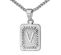 Cupimatch Women's Men's Letter A-Z Necklace, Stainless Steel Square Shape Alphabet Pendant Necklace Chain with 56 cm Wheat Chain for Men Women, Silver Gold V