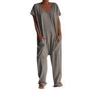 CupitiDU Casual V-Neck Solid Color Jumpsuit,Short Sleeve V Neck Wide Leg Wrap Beam Foot Rompers,Casual Summer Plus Size Romper With Pockets(C-light Green,3X-Large)
