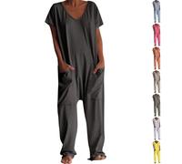 CupitiDU Casual V-Neck Solid Color Jumpsuit,Short Sleeve V Neck Wide Leg Wrap Beam Foot Rompers,Casual Summer Plus Size Romper With Pockets(C-dark Gray,5XL)