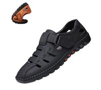 CupitiDU Men’s Stylish Leather Hollow Sandals,Summer Breathable Adjustable Closed Toe Sandal,Comfort Anti-Slip Beach Shoes(Black,9.5 UK)