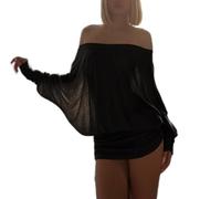 CupitiDU Off-Shoulder Ruched Knit Mini Dress,Casual Elegant Loose Fit Sheer Batwing Long Sleeve Bodycon Mini Dress(Black,M)