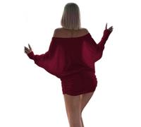 CupitiDU Off-Shoulder Ruched Knit Mini Dress,Casual Elegant Loose Fit Sheer Batwing Long Sleeve Bodycon Mini Dress(Burgundy,S)