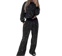 CupitiDU Two-Piece Sequin Set Loose Top And Wide-Leg Pants,Women Party Shining 2 Piece Sets,Women's Sparkly Long Sleeve Pullover Wide Leg Pants Casual Set,Sparkle Tracksuit Clubwear(M)