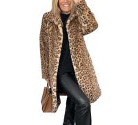 CupitiDU Women's Leopard Print Mid-Length Jacket,2024 Sexy Long Faux Fur Coat,Retro Lapel Warm Overcoat Plus Size Trench Coat,Women's Open Front Leopard Print Cardigan Long Coat(Khaki-Long,S)