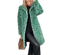 CupitiDU Women's Leopard Print Mid-Length Jacket,2024 Sexy Long Faux Fur Coat,Retro Lapel Warm Overcoat Plus Size Trench Coat,Women's Open Front Leopard Print Cardigan Long Coat(Green-Long,XXL)