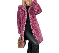 CupitiDU Women's Leopard Print Mid-Length Jacket,2024 Sexy Long Faux Fur Coat,Retro Lapel Warm Overcoat Plus Size Trench Coat,Women's Open Front Leopard Print Cardigan Long Coat(Pink-Long,3X-Large)