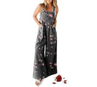 CupitiDU Women's Printed Pocket Casual Denim Overalls,Y2k Adjustable Strap Wide Leg Jean Casual Jumpsuits With Pockets(Gray,L)