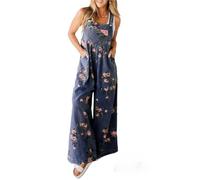 CupitiDU Women's Printed Pocket Casual Denim Overalls,Y2k Adjustable Strap Wide Leg Jean Casual Jumpsuits With Pockets(Dark Blue,S)