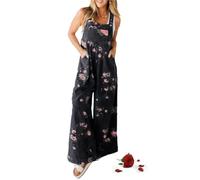 CupitiDU Women's Printed Pocket Casual Denim Overalls,Y2k Adjustable Strap Wide Leg Jean Casual Jumpsuits With Pockets(Black,XL)