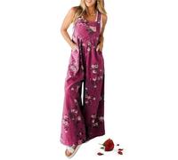 CupitiDU Women's Printed Pocket Casual Denim Overalls,Y2k Adjustable Strap Wide Leg Jean Casual Jumpsuits With Pockets(Rose,M)