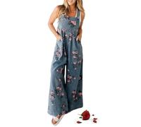 CupitiDU Women's Printed Pocket Casual Denim Overalls,Y2k Adjustable Strap Wide Leg Jean Casual Jumpsuits With Pockets(Blue,L)