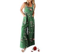 CupitiDU Women's Printed Pocket Casual Denim Overalls,Y2k Adjustable Strap Wide Leg Jean Casual Jumpsuits With Pockets(Green,S)