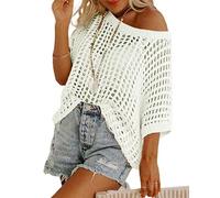 CupitiDU Womens Summer Scoop Neck Shortsleeve Sweater Casual Crochet Hollow Out Knittops,Lightweight Knit Pullover Beach Cover Ups(White,XXL)