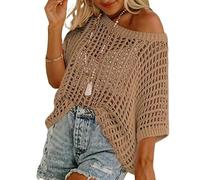 CupitiDU Womens Summer Scoop Neck Shortsleeve Sweater Casual Crochet Hollow Out Knittops,Lightweight Knit Pullover Beach Cover Ups(Khaki,M)