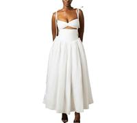 Cupitool Women Sexy Spaghetti Strap Long Dress Elegant Sleeveless V Neck Front Cut Out Ruffle A Line Party Dresses, White, L