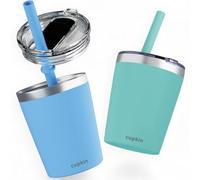 CUPKIN Toddler Cups with Straws, The Original 8 oz Stackable Stainless Steel Baby Straw Cup, Set of 2 Kids Cups, Powder Coated Insulated Kids Tumblers, No BPA Lids + Silicone Straws (Blue + Green)