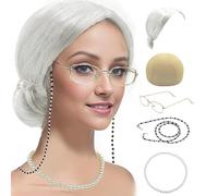 Cupohus Old Lady Costume Set Grandma Wig Granny Wig Cap Madea Granny Glasses Eyeglass Chains Cords Faux Pearl Bead Necklace Old Lady Cosplay Set 5 Pieces (silver white bun)