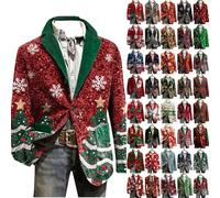 CUPOOD Men's Christmas Suit Lightweight Corduroy Blazer Jackets, Novelty Xmas Tree Printed Party Outwear Lapel Single Button Long Sleeved Sports Jacket Festival Outfits