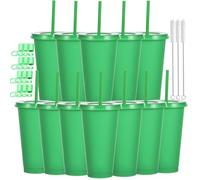 CuppaLifes 12 Pack Reusable Plastic Cups with Lids and Straws, 710ml Cold Tumbler Cups for Slushie and Drinks, Party Cups for Adults Travel Beach Picnic Birthdays (12, Green)
