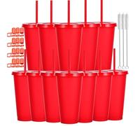 CuppaLifes 12 Pack Reusable Plastic Cups with Lids and Straws, 710ml Cold Tumbler Cups for Slushie and Drinks, Party Cups for Adults Travel Beach Picnic Birthdays (12, Red)