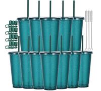 CuppaLifes 12 Pack Reusable Plastic Cups with Lids and Straws, 710ml Cold Tumbler Cups for Slushie and Drinks, Party Cups for Adults Travel Beach Picnic Birthdays (12, Glitter Dark Green)