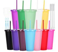 CuppaLifes 12 Pack Reusable Plastic Cups with Lids and Straws, 710ml Cold Tumbler Cups for Slushie and Drinks, Party Cups for Adults Travel Beach Picnic Birthdays (12, Bright)