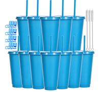 CuppaLifes 12 Pack Reusable Plastic Cups with Lids and Straws, 710ml Cold Tumbler Cups for Slushie and Drinks, Party Cups for Adults Travel Beach Picnic Birthdays (12, Klein Blue)