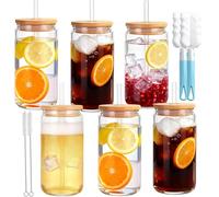 CuppaLifes 500ml Plastic Mason Jars with Lids and Straws, Leak-Proof Reusable Tumblers for Iced Coffee, Cocktails, Smoothies, Juice, Beer, Cold Drinks, 6 Pack (6, Woodgrain)