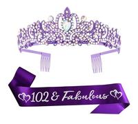 Cuppqq 102nd Birthday Sash and Tiara for Women Purple Princess Party Decorations Happy Birthday Party Favor Supplies Gifts for Her