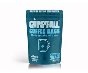 Cups Full Light Caffeine Coffee Bags | 60 Coffees 6x 10-Bag Pouches | 144mg Caffeine Per Bag | Brew Hot or Cold | Single Serve Speciality Coffee | Polyphenol-Rich | Compostable | Decaf Coffee