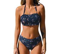 CUPSHE Bikini Set for Women Bandeau Top Back Tie Swimming Costume Mid Waisted Bottom with Removable Shoulder Straps Swimsuit Two Piece Navy Floral L