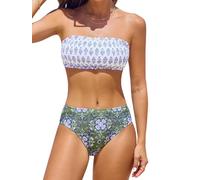 CUPSHE Bikini Set for Women Bandeau Top Back Tie Swimming Costume Mid Waisted Bottom with Removable Shoulder Straps Swimsuit Two Piece White/Dark Olive Green XL