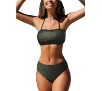 CUPSHE Bikini Set for Women Bandeau Top Back Tie Swimming Costume Mid Waisted Bottom with Removable Shoulder Straps Swimsuit Two Piece Army Green S