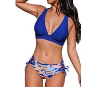 CUPSHE Bikini Set for Women V Neck Triangle Top Wide Straps Cross Back Lace up Mid Rise Two Piece Swimsuit Bathing Suit Navy Blue/Tropical S