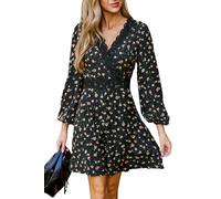 CUPSHE Casual Dresses for Women Lace V Neck Long Sleeve Floral Smocked A Line Mini Fall Dress Black Floral M